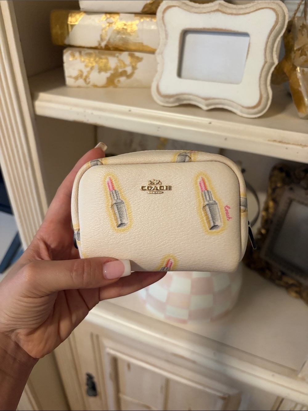COACH Cream Lipstick Print Mini Pouch with Gold Logo